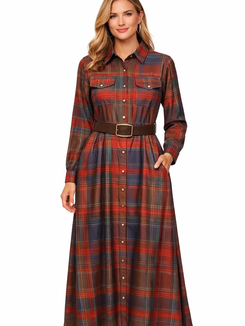 NWOT-Button-Front Plaid Maxi Shirt Dress in Rust Multi